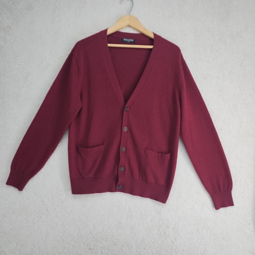 KALLSPIN Cardigan Mens M V Neck Button Front Pockets Cashmere Wool Maroon Blend